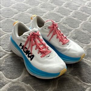 Hoka White and Blue Sneakers with Pink Accents